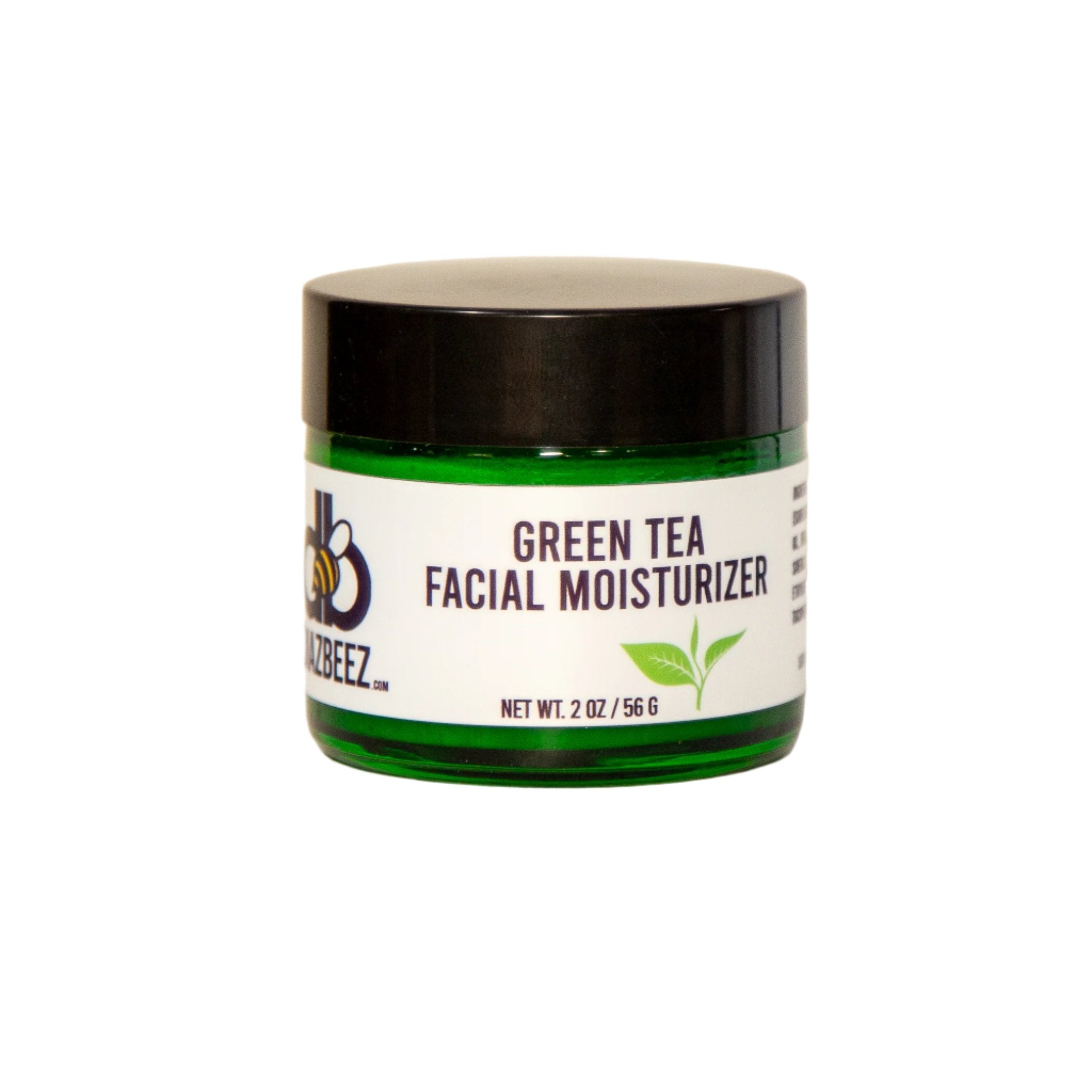 A green container of Diaz Beez's Green Tea Facial Moisturizer with a black lid. The label displays the text 