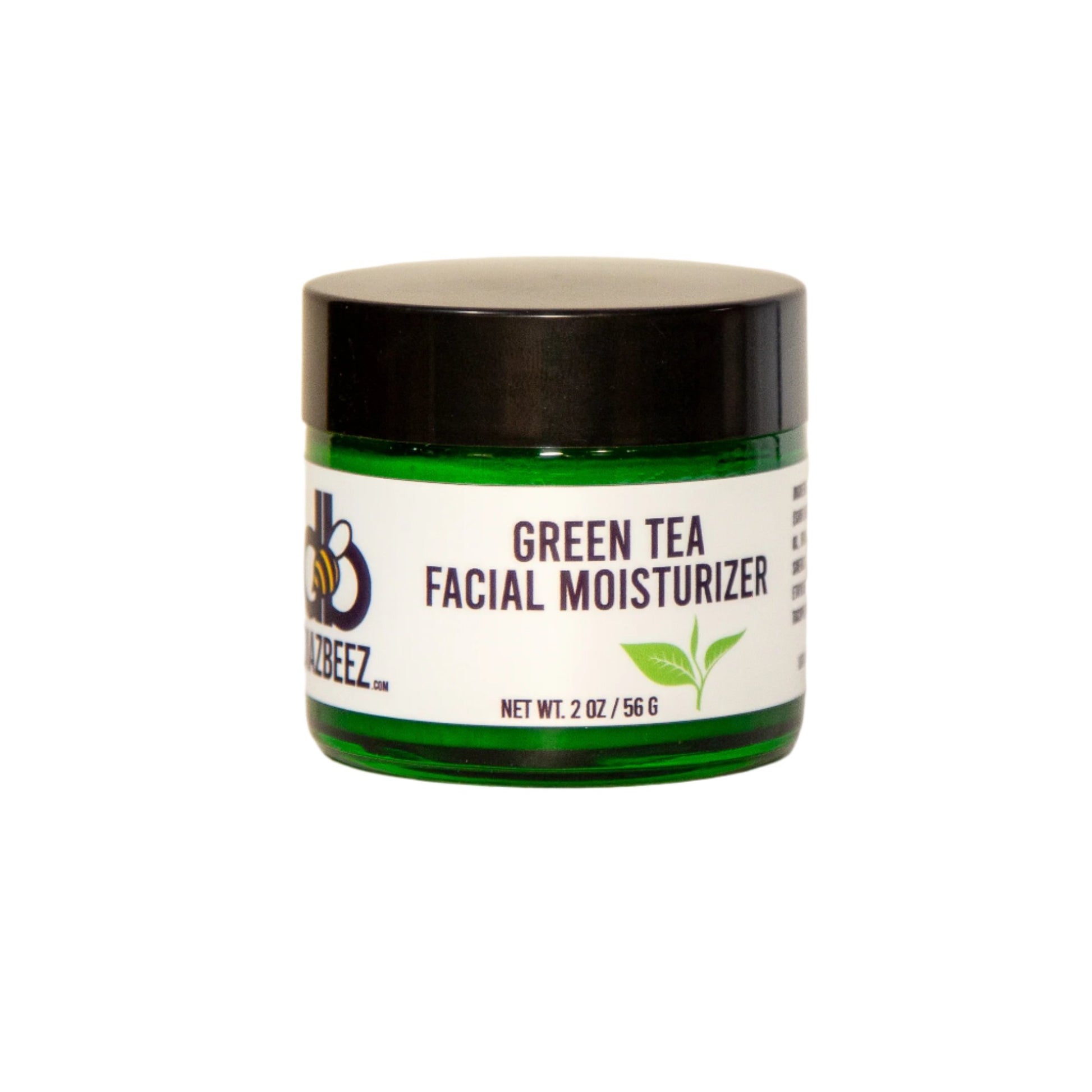 A green container of Diaz Beez's Green Tea Facial Moisturizer with a black lid. The label displays the text "Green Tea Facial Moisturizer" along with a logo and a small image of a tea leaf. Infused with Vitamin E for antioxidant protection, the net weight is 2 oz / 56 g.