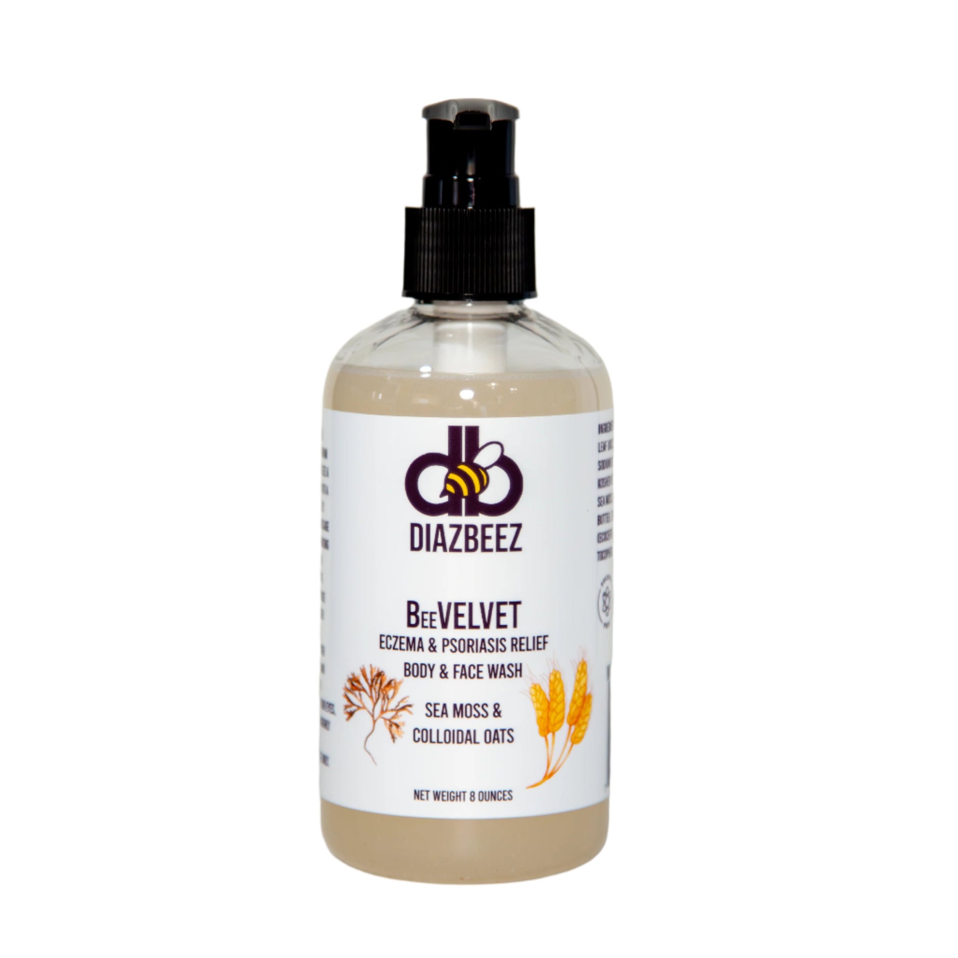 Diaz Beez's BeeVELVET Body Wash for eczema and psoriasis relief, infused with sea moss and colloidal oatmeal. The bottle includes a pump dispenser, bee logo, and leaf illustrations, with a net weight of 8 ounces.