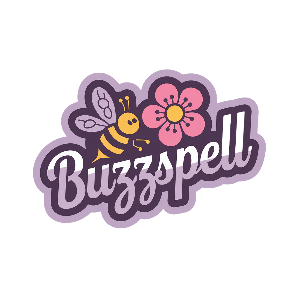 A logo displaying the words "Buzzspell Room, Linen, & Auto Fragrance Spray" in a playful font showcases a cartoon bee from Diaz Beez on the left and a pink flower symbolizing their unisex fragrance on the right, all set against a crisp white background.