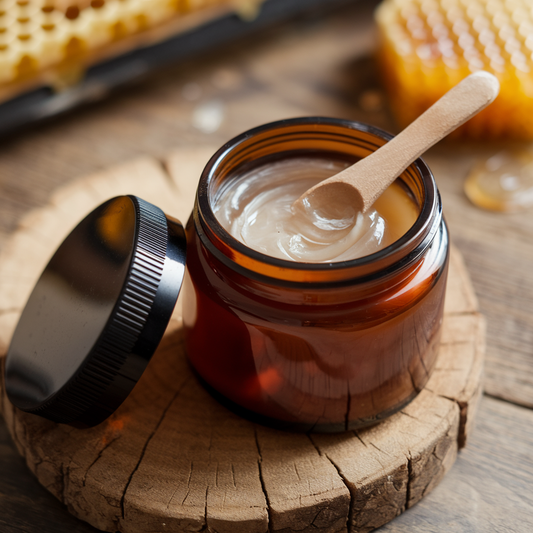 A rustic wooden surface holds a brown glass jar of Diaz Beez's Manuka Honey Face Mask, the creamy beige contents exposed with the lid off. A wooden honey dipper rests inside, while a backdrop of honeycomb highlights its natural origins, making it ideal for an anti-aging defense moisturizing face mask.