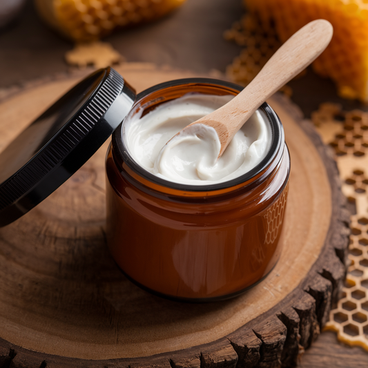 A small amber glass jar with a black lid, filled with creamy white lotion, sits on a wooden surface alongside a wooden spoon. Honeycomb pieces are visible in the background, suggesting that the Oatmeal & Honey Facial Moisturizer from Diaz Beez hydrates and softens skin while soothing irritation and redness.